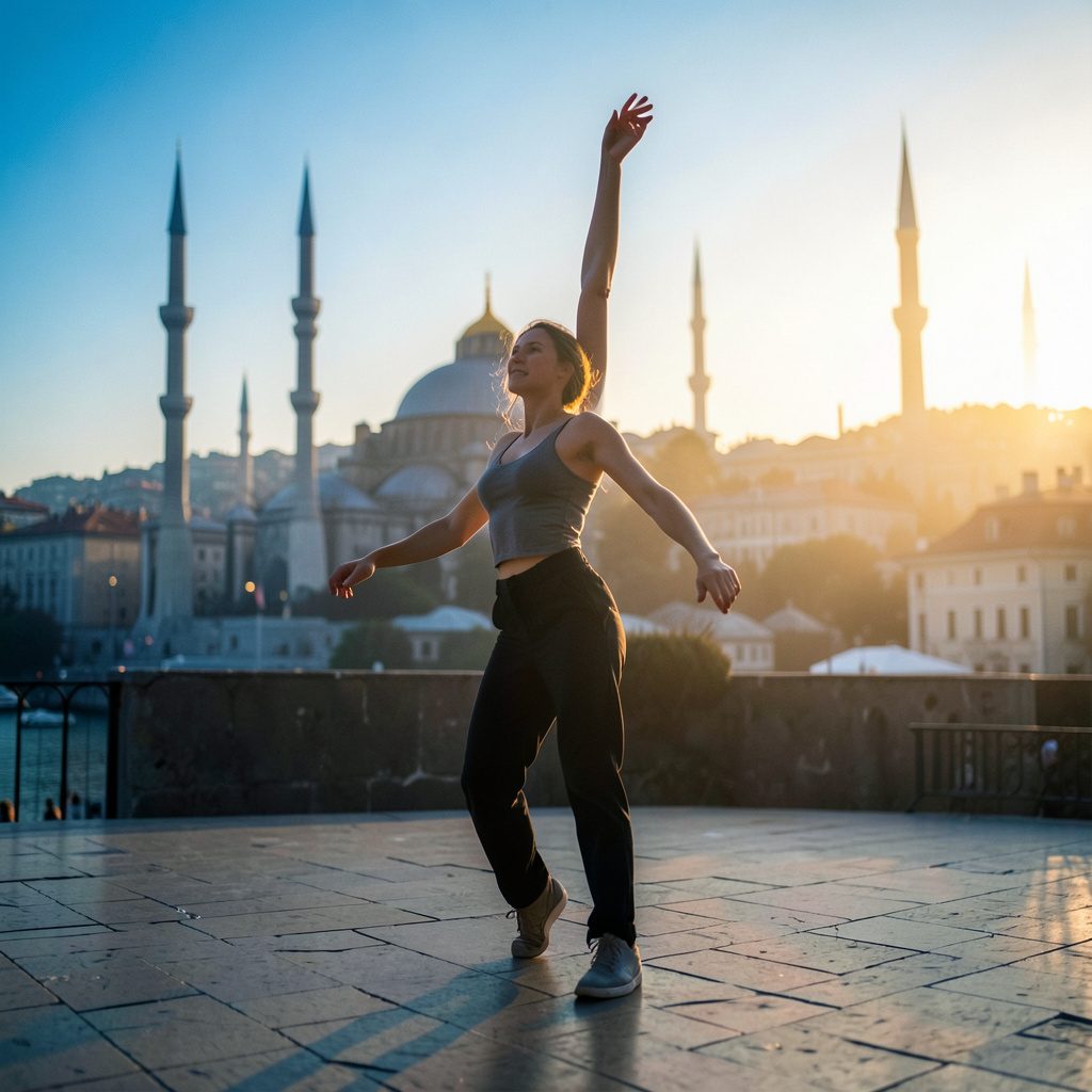 Altın saat ışığında dans pistinin üzerinde hareket bulan dansçı siluetleri